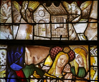 Window depicting Mary Magdalene (fragmentary) and La Maison de Lorette transported by Angels by French School